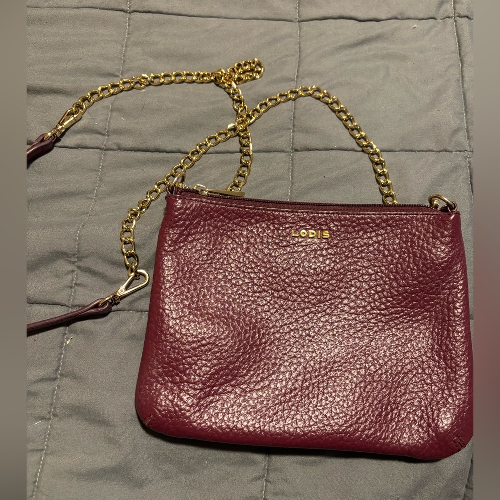 Lodis Wine Leather Crossbody with Gold Chain